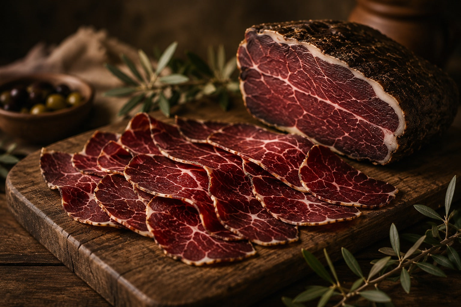 Sliced cecina on a walnut board with olive branches